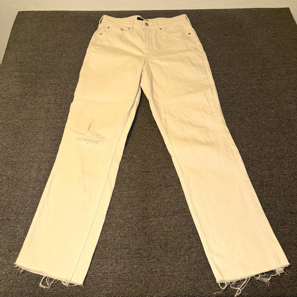 Free Assembly Super‎ High Rise Straight Jeans Women’s 4 Cream Distressed Raw Hem